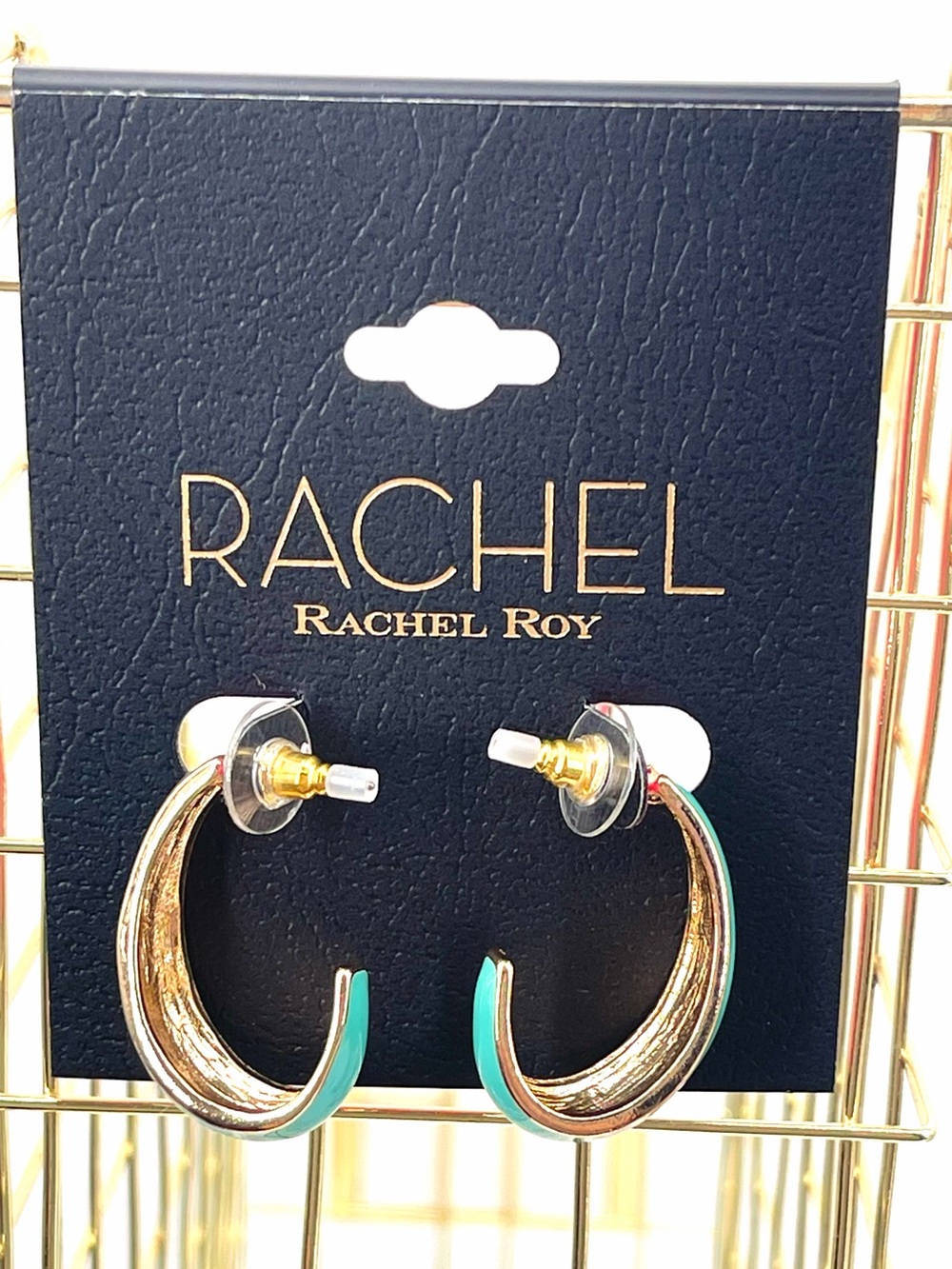 Rachel Rachel Roy nwt gold toned heart hoop light teal oblong half hoop earrings